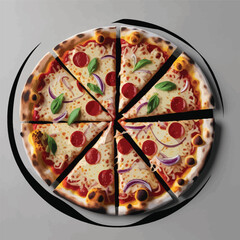 Overhead view of a pepperoni pizza with basil and red onion slices