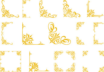 Set of Golden corner ornament with elegant vintage flourishes and classical decorative borders, ideal for invitations, wedding cards, antique frames, and luxurious design embellishments.

