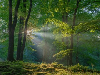 Obraz premium Sunbeams streaming through lush green forest canopy
