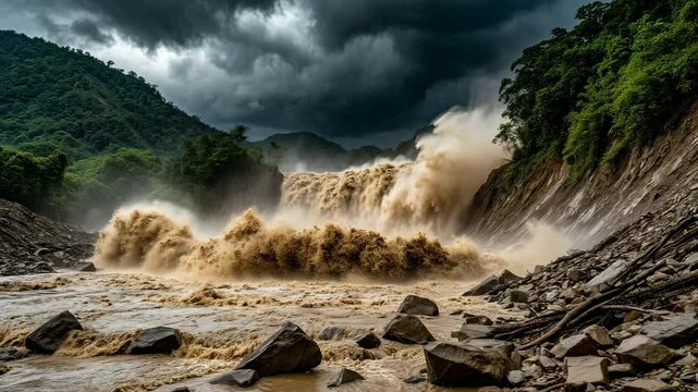 Powerful mudflow rushes through rugged terrain, symbolizing the destructive force of nature. Ideal for disaster, geology, and climate-related visuals.