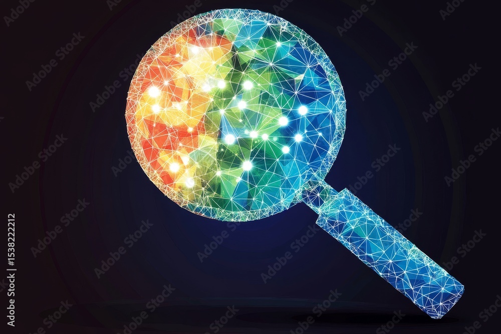 Poster digital search visualization with abstract polygons and magnifying glass analyzing network data