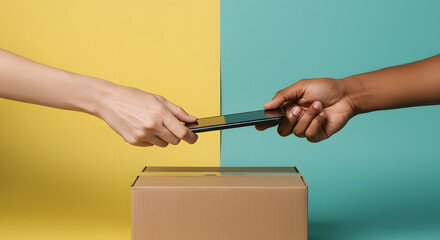 Hands Exchanging Smartphone Over Cardboard Box Against Colorful Split Background