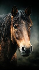 Obraz premium Close-up of a majestic brown horse in a misty environment showcasing its expressive features and tranquil demeanor