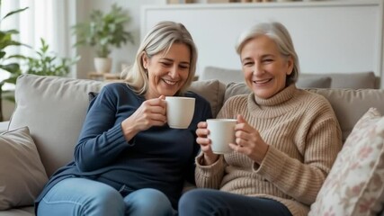 Two older women enjoying coffee together, smiling and chatting in cozy indoor setting - Powered by Adobe