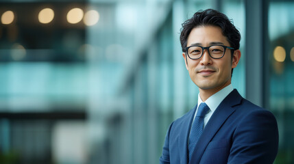 confident Japanese executive in suit stands in modern office environment, showcasing professionalism and charisma.