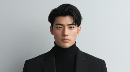 Young Japanese man in luxury business fashion, slicked back hairstyle, exuding confidence and elegance.