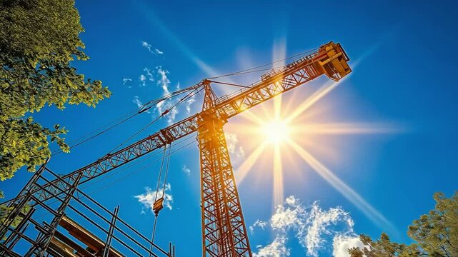 Sunlit construction site with tower crane and structural building framework against blue sky
