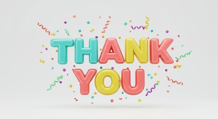 Colorful 3D "Thank You" message with confetti celebration.