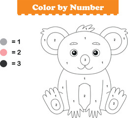 Color by numbers. Coloring page for kids. Coloring with cute koala. Vector illustration
