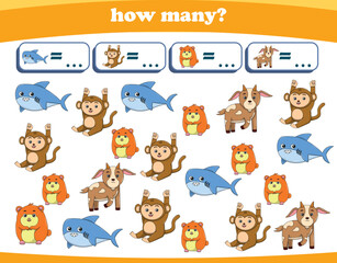 Counting game of wild animals for preschool kids. Printable. Vector Illustration