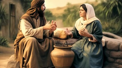 Jesus Christ talking to the Samaritan woman next to the well giving hope for eternal life to her