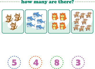 Counting game of wild animals for preschool kids. Printable. Vector Illustration