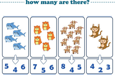 Counting game of wild animals for preschool kids. Printable. Vector Illustration