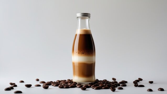 A bottle of coffee latte on white background with coffee beans scattered around