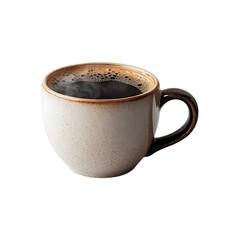 Steaming cup of black coffee in a speckled mug 
