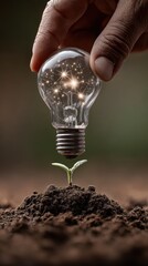 A man plants light bulbs in soil, sprouting stars, symbolizing the growth of ideas and creative vision.