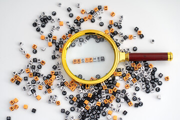 A magnifying glass highlights the word 'decipher' within a scattered arrangement of letters and...