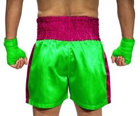 Back side of Male boxer raises his guard and stands below, wearing Green Muay Thai shorts, Green Thai boxing short isolate on white with clipping path