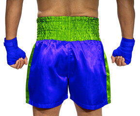 Back side of Male boxer raises his guard and stands below, wearing Blue Muay Thai shorts, Blue Thai boxing short isolate on white with clipping path