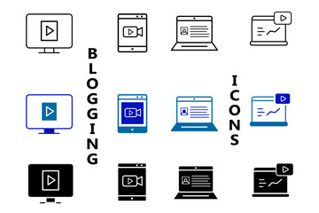 Blogging icons set. Influencer, content, creation, like, vlogging, blog, vlogger, social media, followers, personal brand, video equipment and digital marketing icons. Editable vector illustration