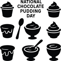 chocolate pudding, dessert, pudding cup, sweet treat, chocolate dessert, dessert bowl, spoon, whipped cream, chocolate drizzle, creamy dessert, food icon, black silhouette, vector icon, EPS format, ed