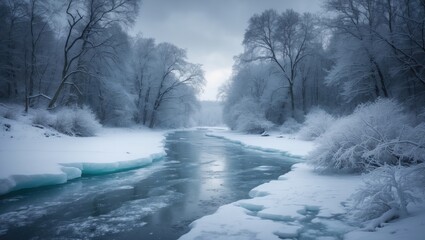 Snowy frozen river in a cold winter day.