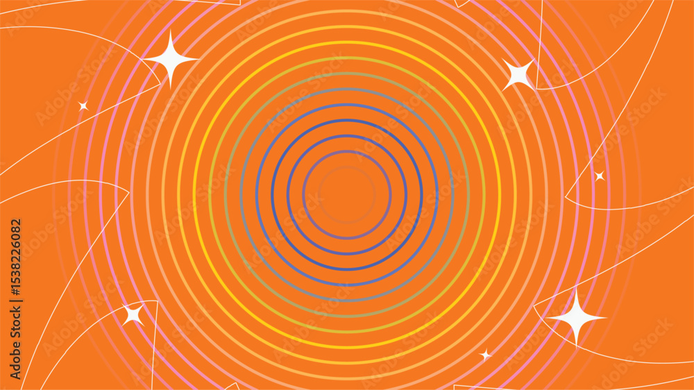 Poster orange backdrop with colorful summer gradient circling lines and blinking glitters