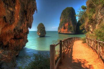 Coastal path winds between dramatic limestone cliffs and turquoise ocean, showcasing tranquil bay with small boats