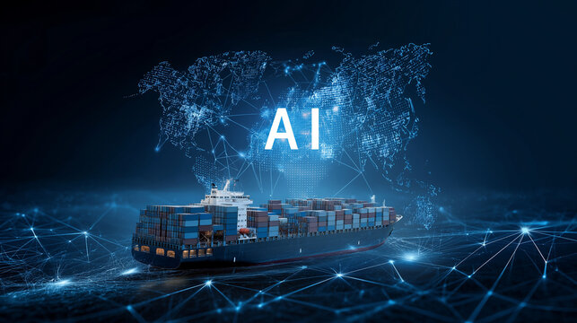 AI and global logistics concept with world map, supply chain network, and container ship for import-export 