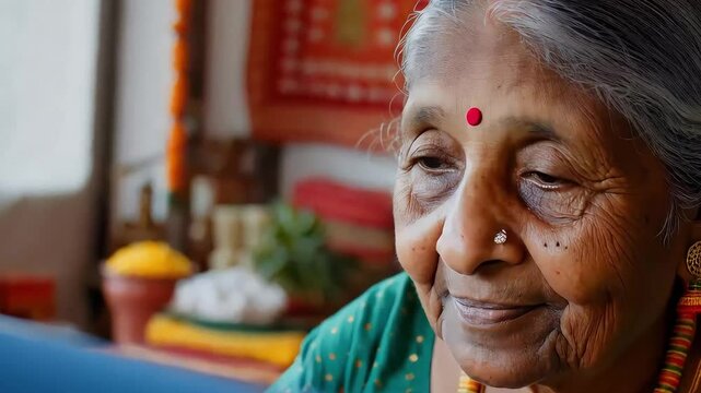 Portrait of senior Indian woman with wrinkles and traditional bindi. Elderly female face close-up, graceful aging and cultural beauty.


