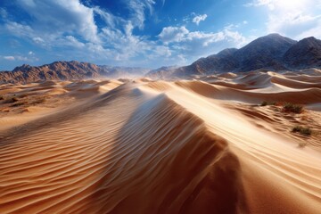 Fototapeta premium Expansive desert landscape with rolling sand dunes under a bright blue sky