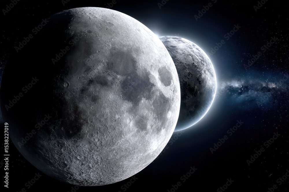 Poster large and small moons orbiting in the vastness of space with distant stars shining