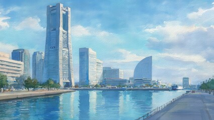 横浜みなとみらいの水彩画イラスト - ランドマークタワーと海の風景_1