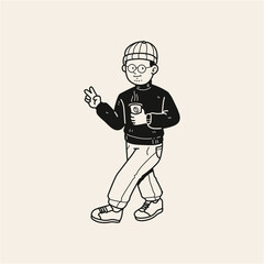 a stylish man wearing beanie hat and black sweatshirt walking while holding a cup of warm coffee line art Illustration