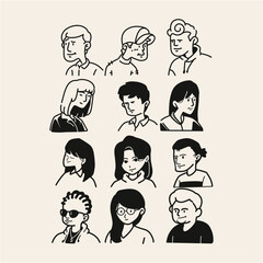 Collection of Simple Line Art Character Portraits Diverse Faces and Hairstyles