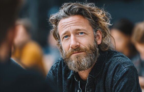Closeup concept of business people brainstorming.Bearded man talking with account director and creative manager to finding great work solution.Horizontal, blurred background. High quality