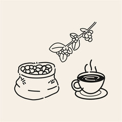 Hand-Drawn Coffee Illustration Beans, Branch, and Cup
