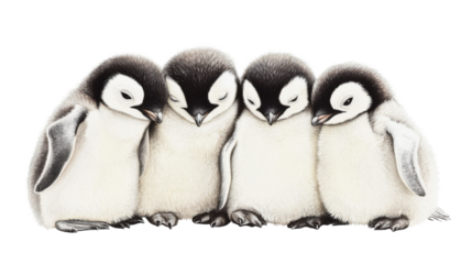 A group of adorable baby penguins huddling together on white background 