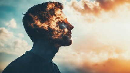 Contemplative Man Silhouette Merged with Ethereal Sky and Clouds at Sunset