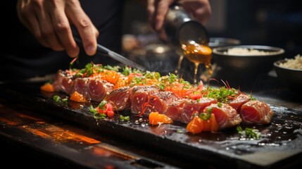 Naklejka premium Close-up image of preparing maki sushi roll with torch burner, smoke salmon in the kitchen of Japanese restaurant.