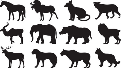 Diverse wildlife silhouettes showcase majestic horse, moose, antelope, and elephant alongside other animals