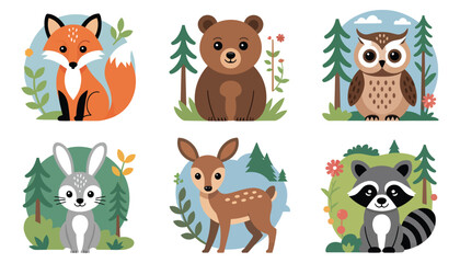 Fototapeta premium Funny cartoon baby animals vector collection with dog, cat, bear, panda, lion, fox, and tiger