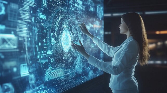 Tech savvy business woman presenting advanced data analysis on futuristic holographic screen in modern corporate office. - Powered by Adobe