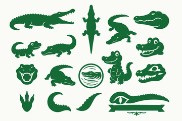 Crocodile and Alligator Silhouettes and Cartoon Icons Set