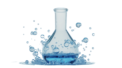 A clear glass flask with blue liquid chemicals on white background 
