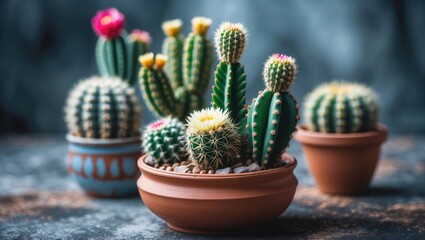 Colorful cactus plants in clay pots with blurry background, suitable for home decoration and featuring space for text.