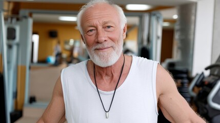Man with a white tank top and a black necklace is smiling. He looks happy and content