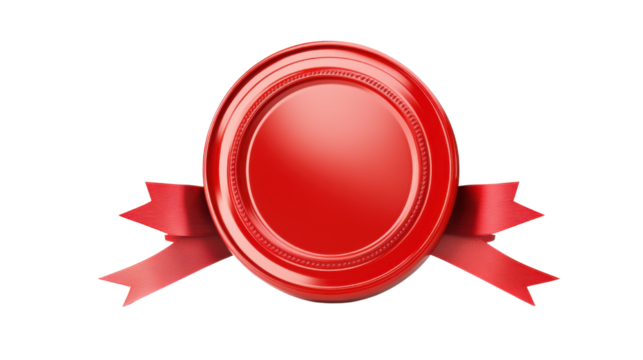 A bright red seal featuring a circular center on white background 