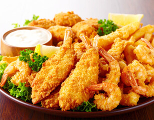Deep-fried fish and shrimp platter. AI