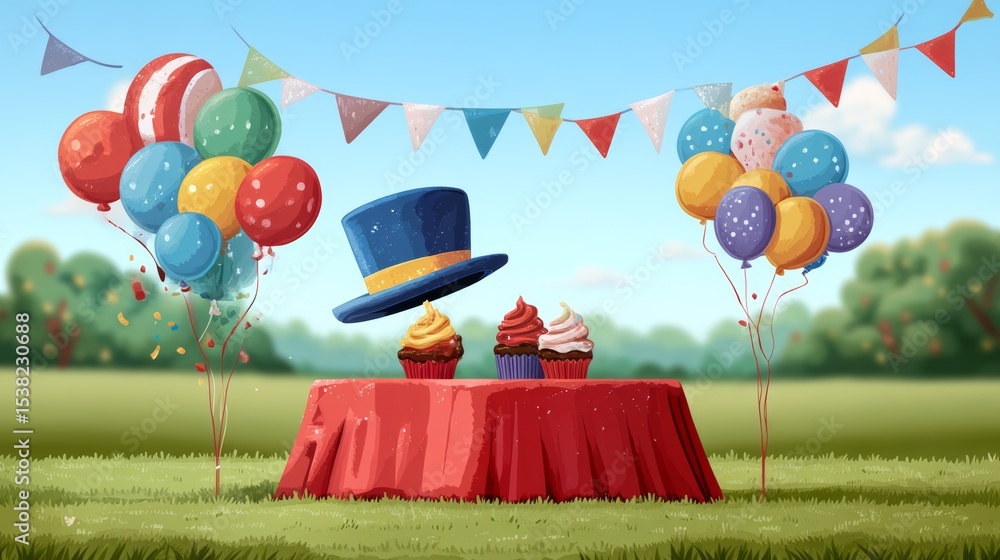 Poster table with a hat and cupcakes on it. the hat is upside down and the cupcakes are on top of it. the t